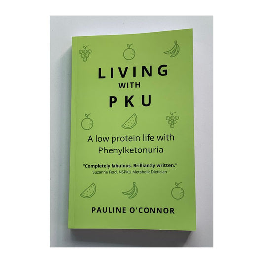 Book titled 'Living with PKU' by Pauline O'Connor on a white background. book on Phenylketonuria
